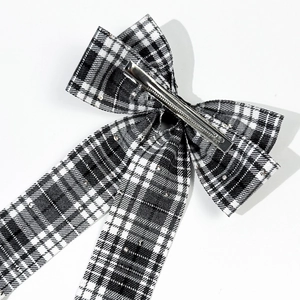 Japanese style black and white plaid bow hair clip with sequins and metal duckbill clip