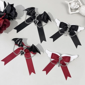Gothic Butterfly Bow Hair Clips Angel Bat Wings Cross Heart Pendant Chain Red Black Satin Hairpin Women Halloween Cool Accessories