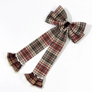 Classic British plaid bow hair clip with long ribbons and delicate white lace trim