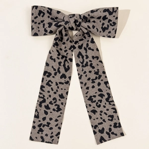 Vintage grey leopard print bow hair clip with long ribbons for elegant women styling