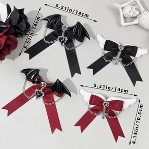 Gothic bow hair clips with wings and heart chains in black and red satin style