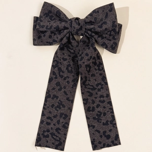 Retro leopard print bow hair clip with long ribbons in grey denim style fabric for women