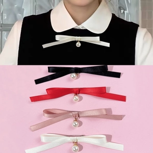 Broche Nœud Papillon en Ruban de Satin de Style Coréen Avec Pendentif Künstliche Perle Imitation Nœud Élégant Accessoire Chemise Femme