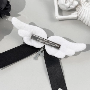 Gothic angel wings hair clip with black ribbons and silver cross pendant for women