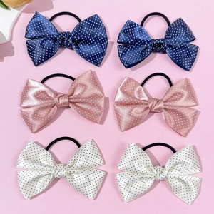 Polka dot bow hair ties set with 6 pieces in blue, pink, and beige satin fabric