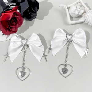 Goth Lolita Satin Schleife Haarklammern Mit Kreuz Herz Anhängern Metallkette Sweet Cool Haarschmuck Für Damen