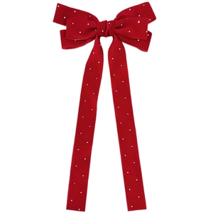 Elegant red velvet bow hair clip with sparkling rhinestones and long flowing ribbons