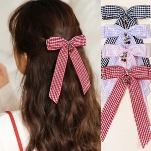 Süße Karierte Schleifen Haarspange Mit Strass Kirschanhänger Japanischen Stil Krokodilklemme Für Damen Mädchen Haarschmuck
