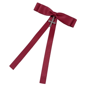 Gothic style dark red ribbon bow brooch with vintage silver cross pendant accessory