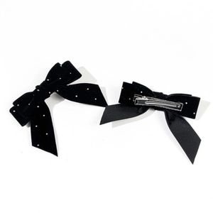 Elegant black velvet bow hair clips with rhinestones and silver metal duckbill base