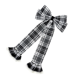 Japanese style black and white plaid bow hair clip with lace trim and sequins
