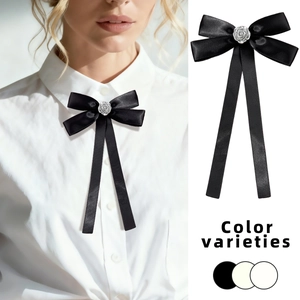 Elegant Satin Bowtie Brooch With Metal Rose Long Ribbon For Women Vintage College Style Neckline Accessory Jewelry Gift