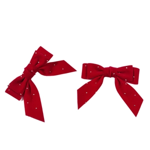 Elegant red velvet bow hair clips with silver rhinestones, sweet minimalist style