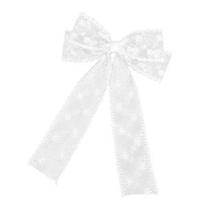 Elegant white lace bow hair clip with embroidered floral patterns and long streamers