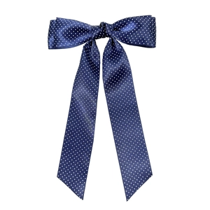 Navy blue polka dot bow hair clip with long ribbons in French style for women
