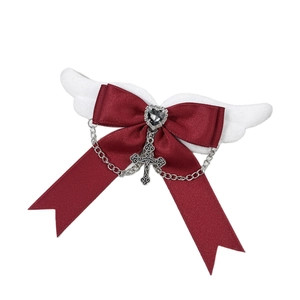 Gothic wine red ribbon hair clip with angel wings and heart cross chain pendant