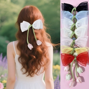 Zoete Tulp Bloem Strik Haarspeld Organza Linten Hanger Eendenbek Clip Verse Florale Haaraccessoires Voor Vrouwen Dagelijks