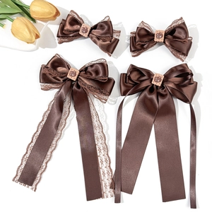 Vintage Coffee Bear Biscuit Bow Hair Clip Lace Satin Ribbon Duckbill Clip Sweet Lolita Hair Accessory For Women Girls