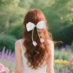 Elegante witte satijnen strik haarklem met roze tulpenhangers op een vrouwelijk model