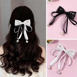 French Style Sweet Lace Bow Hair Clip Ribbon Streamers Faux Artificial Pearl Pendant Handmade Elegant Headwear Decoration For Women