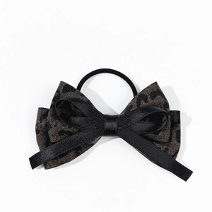 Retro leopard print bow hair scrunchie with black satin ribbon and elastic band