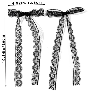 Dimensions détaillées des barrettes à nœuds en dentelle noire avec de longs rubans