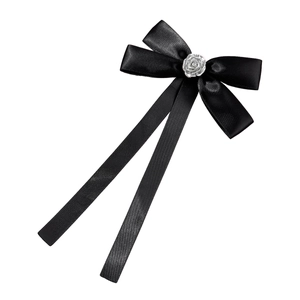 Elegant black satin bow tie featuring a silver rose center and long silk ribbons