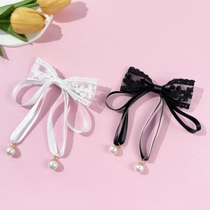 Sweet lace bow hair clips with pearls in white and black for a French fairy style look