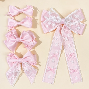Sweet Pink Lace Bow Hair Clip Satin Ribbon Duckbill Clip Handmade Lolita Aesthetic Hair Accessory For Girls Women