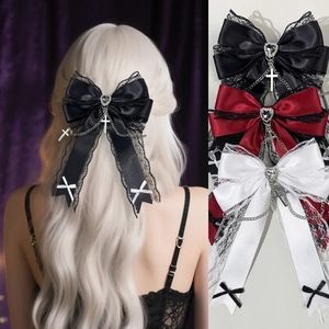 Barrette Nœud Gothique Lolita Avec Cœur en Strass Dentelle Ruban de Satin Chaîne de Croix Épingle à Cheveux Style Sombre Bijoux Femme Fille
