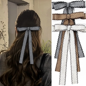 French Style Bow Ribbon Hair Clip Elegant Long Streamer Fabric Accessory Contrast Stitching Vintage Headwear For Women Daily