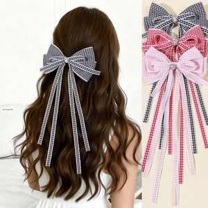 Pince À Cheveux Nœud À Carreaux Avec Longs Serpentins Cœur Strass Ruban À Carreaux Pour Accessoires Cheveux Femmes