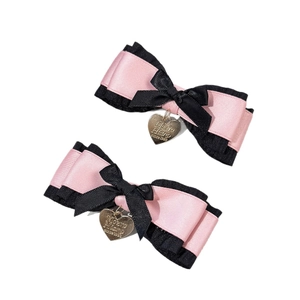 Pink satin and black mesh Lolita bow hair clips with heart-shaped golden metal charms