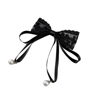 Elegant black lace bow hairclip with long satin ribbons and dangling white pearls
