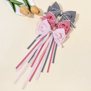 Lot de 3 barrettes nœuds à carreaux avec strass en forme de cœur et longs rubans