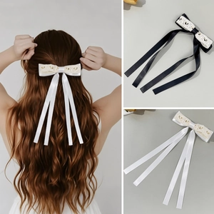 Sweet Lace Bowknot Hair Clip With Long Satin Ribbon Heart Pattern Streamer For Women Girls Elegant Styling Hair Accessories