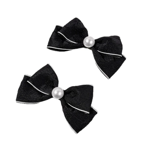 Elegant pair of black bow hair clips with central pearl and white edge detailing