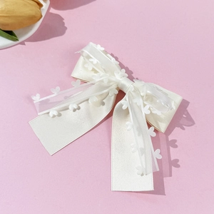 Détail d'un nœud papillon blanc double couche avec tulle à cœurs et ruban de satin