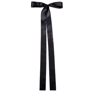 Elegant long black satin ribbon bow hair clip with glossy silk finish for women