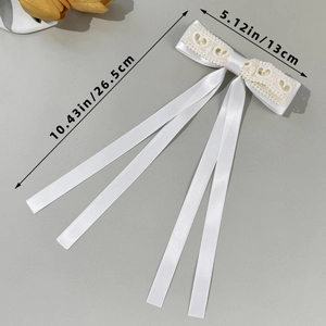Detailed view of the 26.5cm white lace bow hair clip with ribbons and dimensions