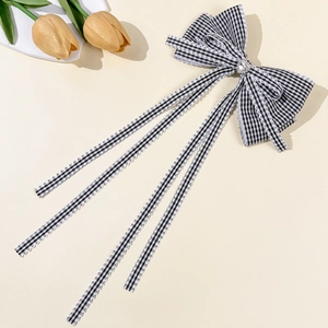Pince à cheveux à carreaux avec de longs rubans et un cristal strass central brillant