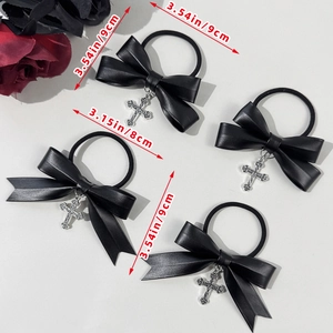 Élastiques à cheveux noirs en PU avec nœuds et pendentifs croix argentés gothiques