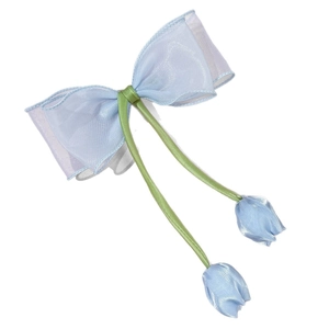 Elegante blauwe tulp organza strik haarclip met lange linten en bloemenhangers