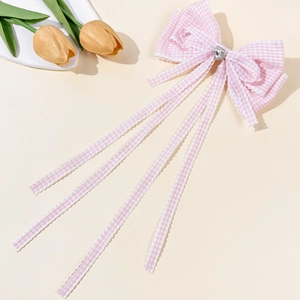 Barrette à cheveux avec nœud à carreaux rose, strass cœur et longs rubans fluides