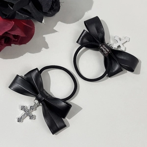 Élastique à cheveux gothique en cuir PU noir avec breloques croix et nœud chic