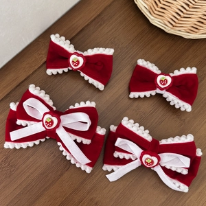 Christmas red velvet bow hair clips set with cute strawberry heart charms and fur pom-poms