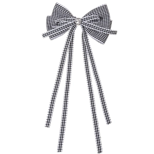 Pince à cheveux noeud à carreaux noir et blanc avec strass coeur et longs rubans pendants
