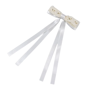 Elegant cream white lace bow hair clip with long streaming ribbons and satin fabric