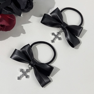 Élastiques à cheveux gothiques en cuir PU avec nœuds, pendentifs croix et roses rouges