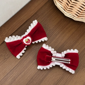 Red velvet strawberry heart bow hair clips for girls, elegant princess hair accessories
